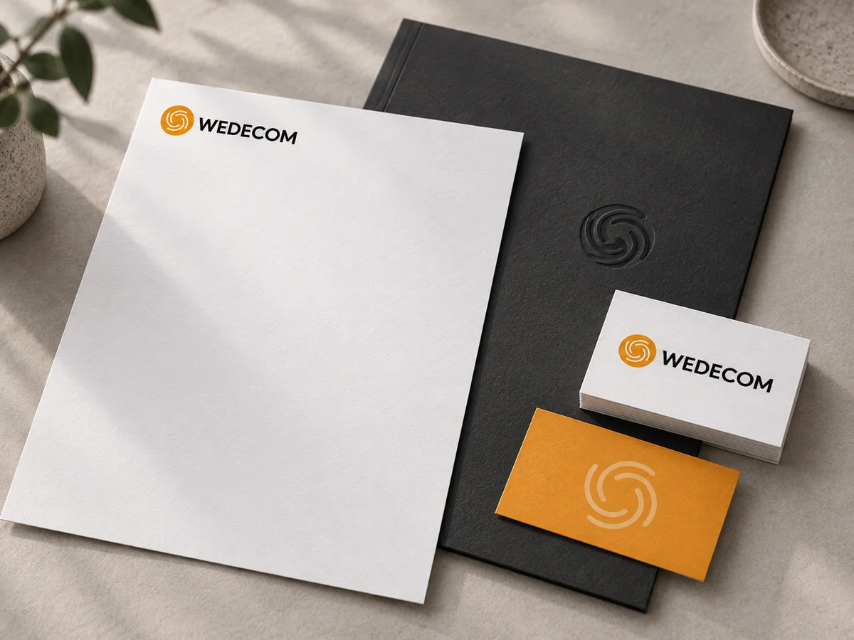 Visualisatie van WeDeCom-briefpapier, visitekaartjes en een donkere presentatiemap met oranje logo